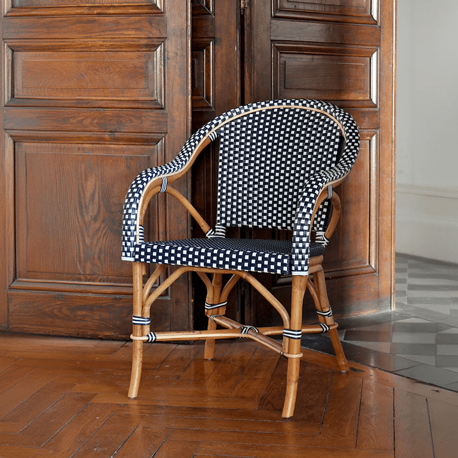 BISTRO RATTAN ARMCHAIR SQUARES NAVY WHITE - DYKE & DEAN