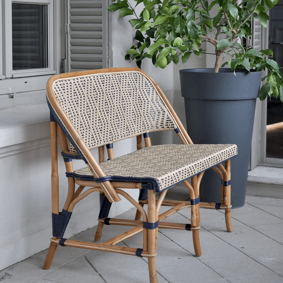 BISTRO RATTAN BANQUETTE BENCH DIAMONDS GOLD NAVY - DYKE & DEAN