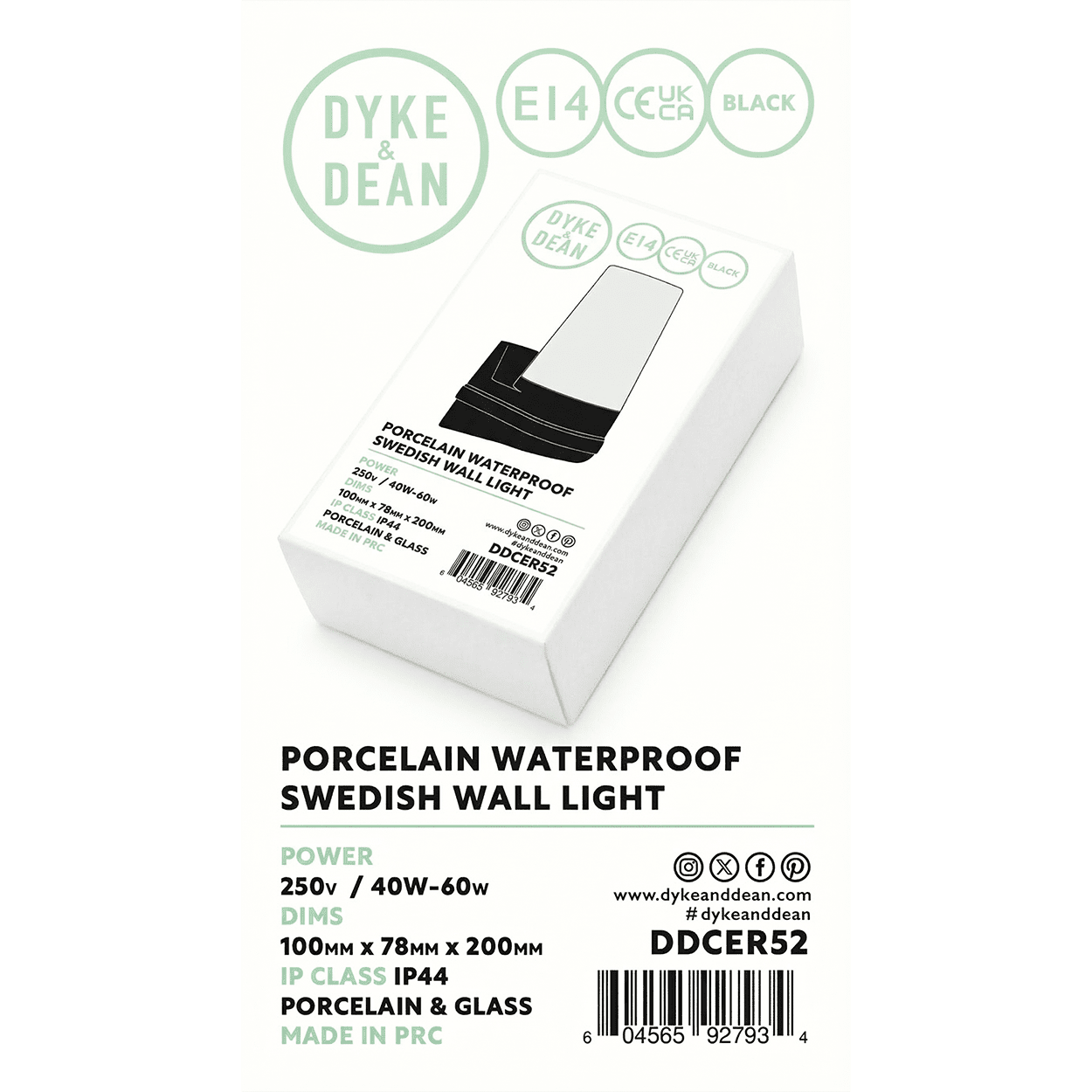 BLACK PORCELAIN WATERPROOF SWEDISH WALL LIGHT - DYKE & DEAN
