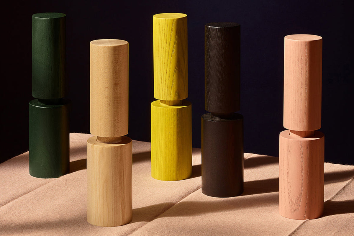 Aaron Probyn Hove ash wood salt and pepper mills in colour-dyed finishes