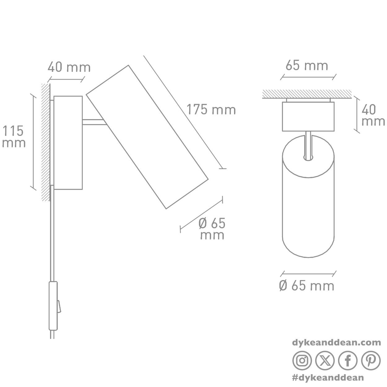 CONCRETE ADJUSTABLE BEDSIDE WALL LIGHT WITH PLUG - DYKE & DEAN