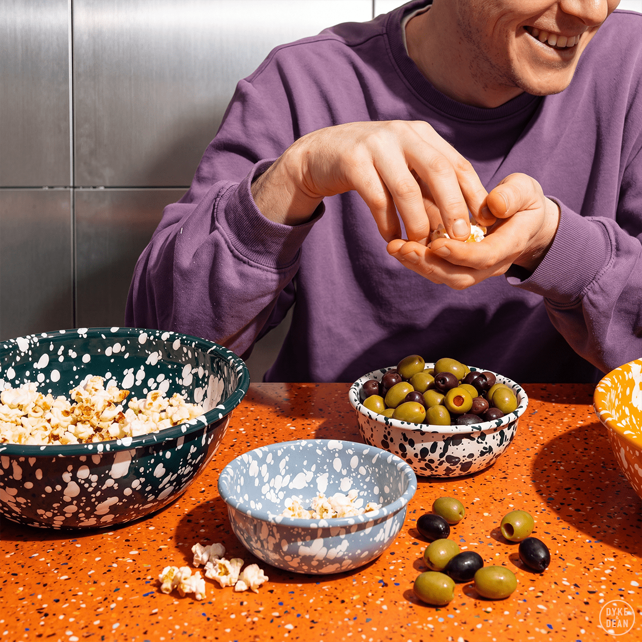 CREAM & BLUE LARGE SPLATTER ENAMEL BOWL - DYKE & DEAN
