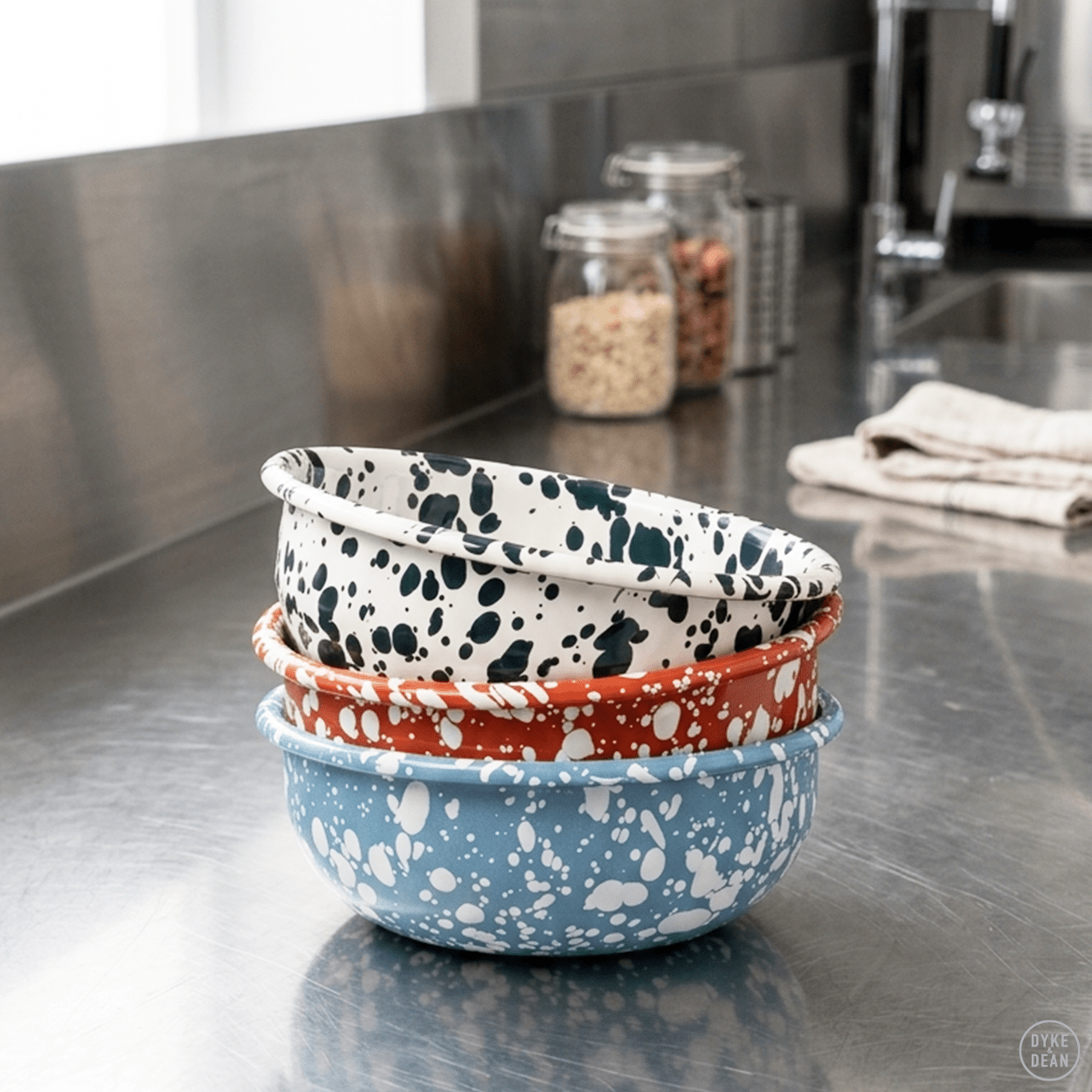CREAM & BLUE LARGE SPLATTER ENAMEL BOWL - DYKE & DEAN