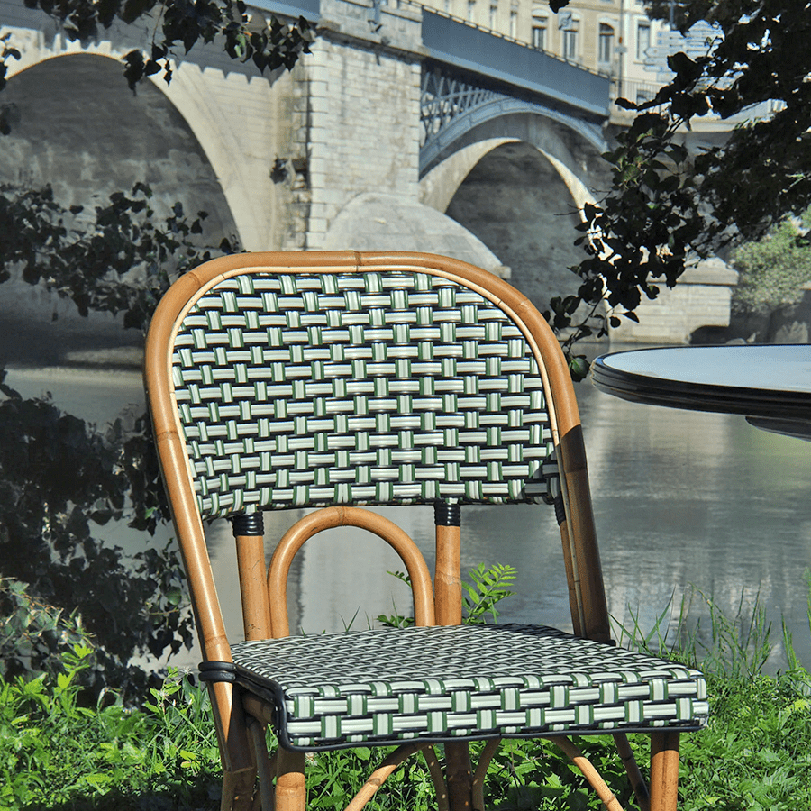 FRENCH BISTRO RATTAN CHAIR BASKET WEAVE SILVER GREEN BLACK - DYKE & DEAN