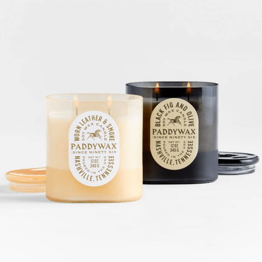 PADDYWAX VISTA LARGE TAN GLASS CANDLE WORN LEATHER & SMOKE - DYKE & DEAN