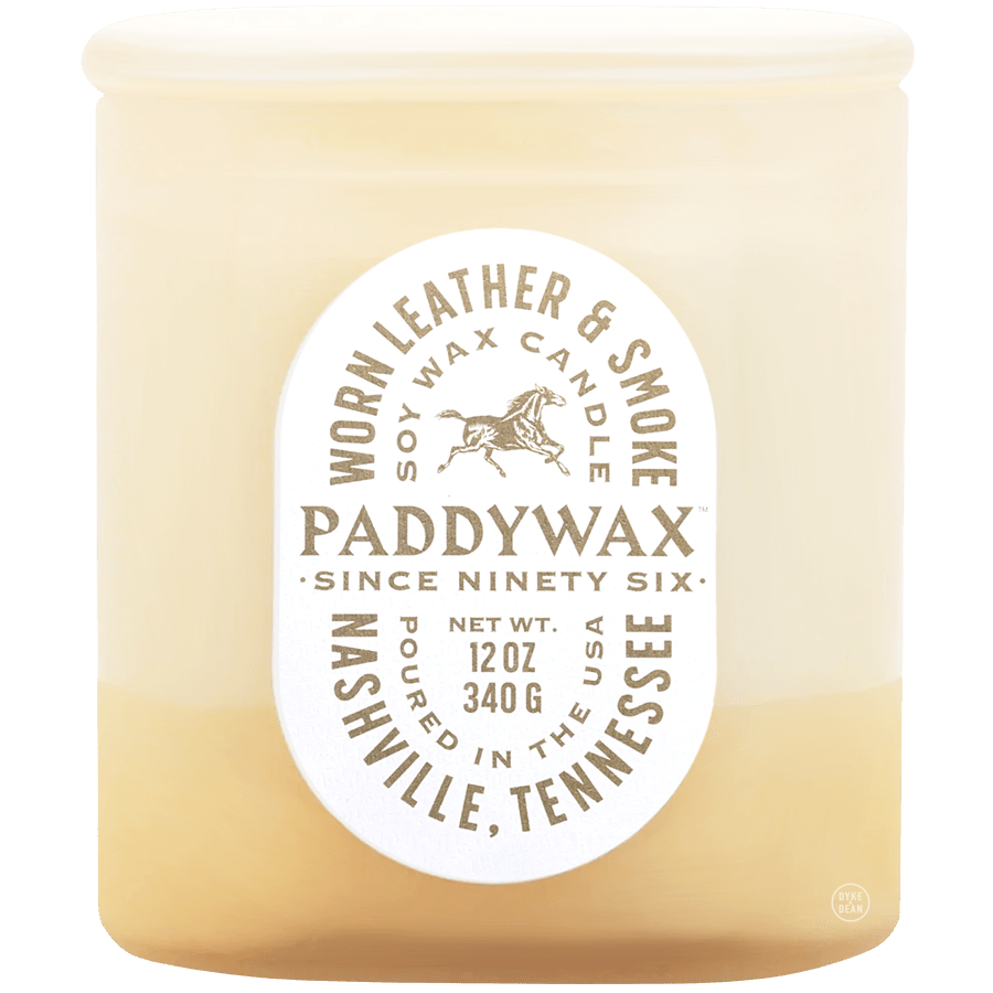 PADDYWAX VISTA LARGE TAN GLASS CANDLE WORN LEATHER & SMOKE - DYKE & DEAN