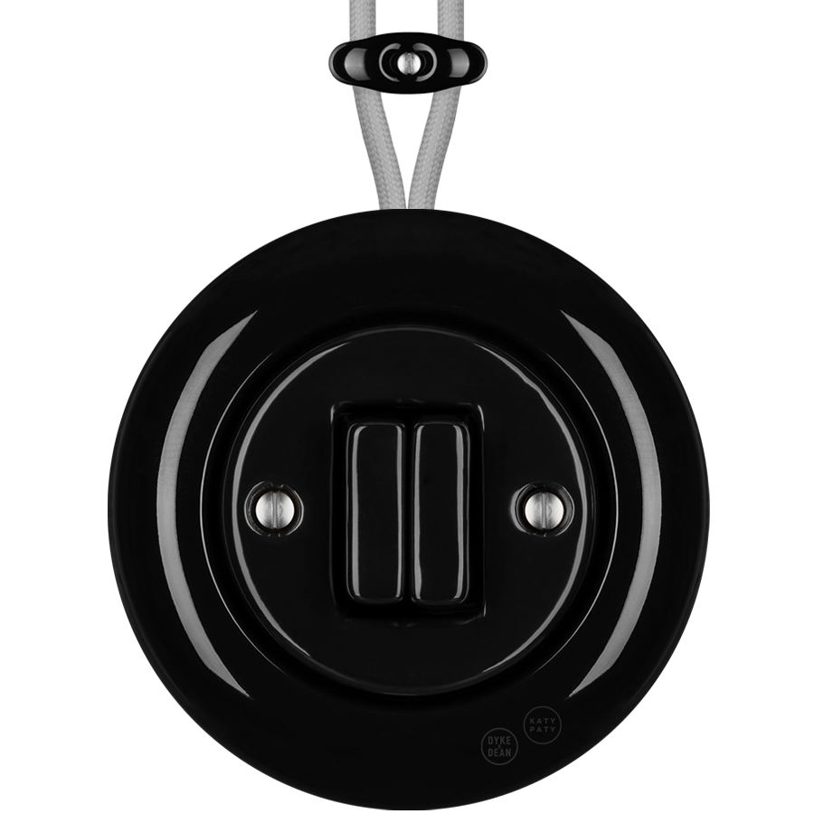 PORCELAIN KATY PATY COLONA ROUND SURFACE MOUNTED DOUBLE SLIM BUTTON SWITCH BLACK - DYKE & DEAN