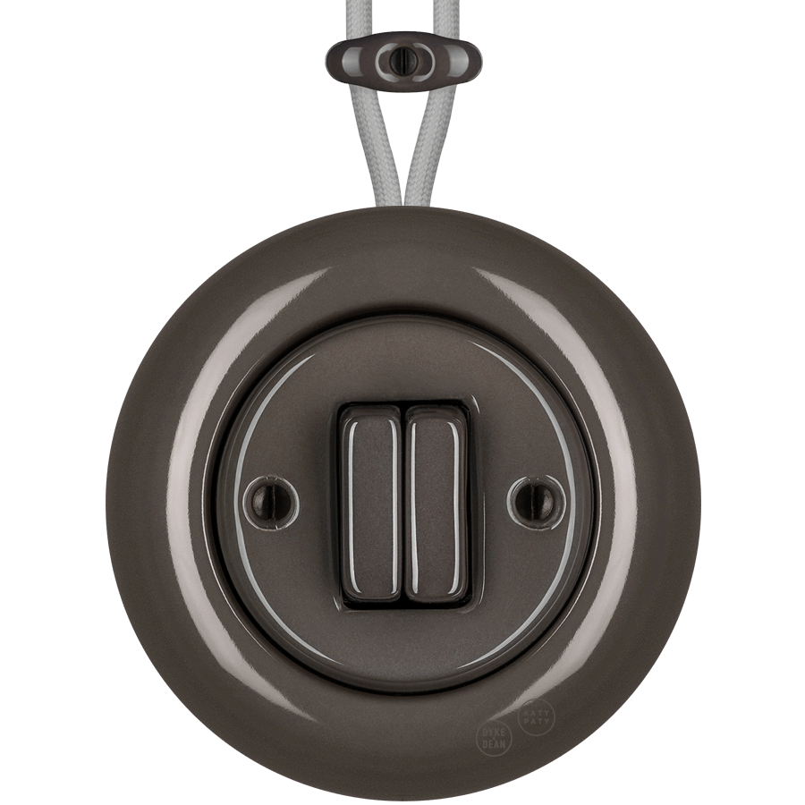 PORCELAIN KATY PATY COLONA ROUND SURFACE MOUNTED DOUBLE SLIM BUTTON SWITCH BROWN - DYKE & DEAN