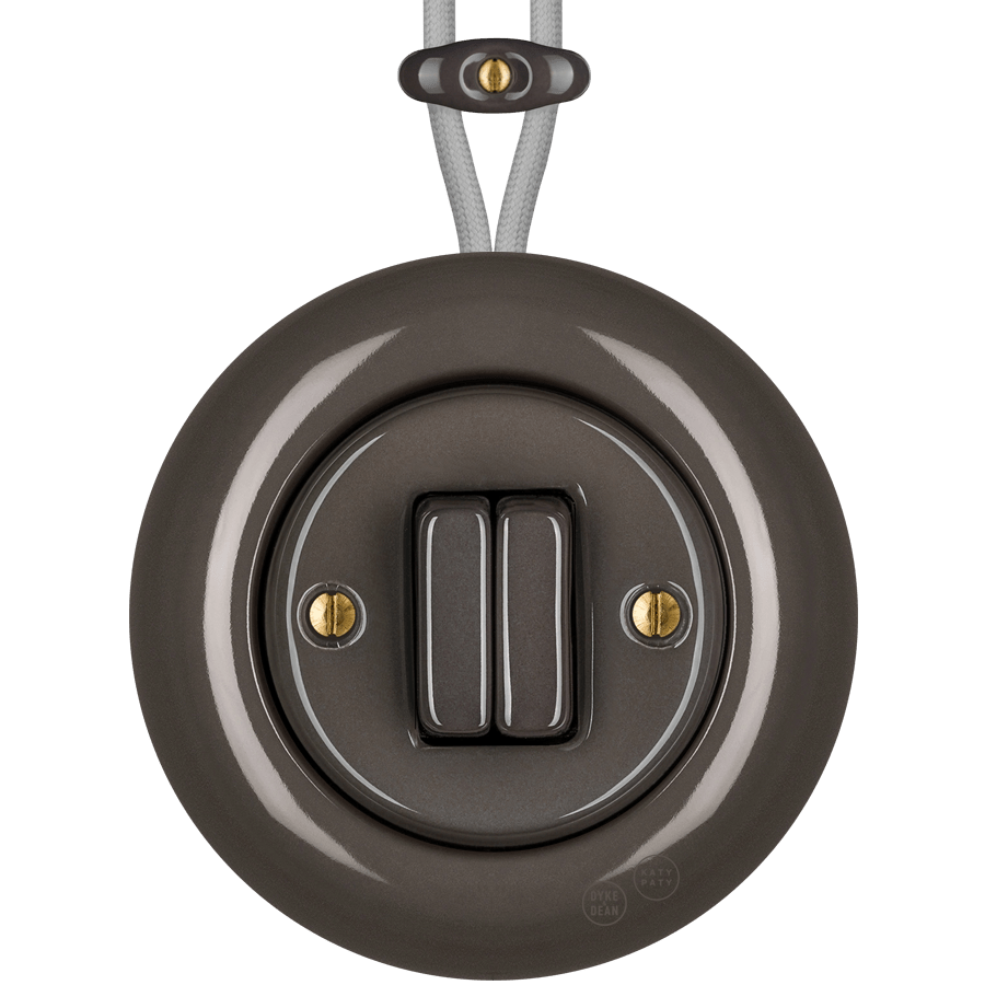 PORCELAIN KATY PATY COLONA ROUND SURFACE MOUNTED DOUBLE SLIM BUTTON SWITCH BROWN - DYKE & DEAN
