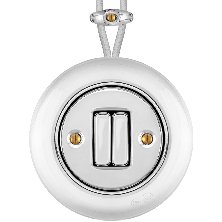 PORCELAIN KATY PATY COLONA ROUND SURFACE MOUNTED DOUBLE SLIM BUTTON SWITCH CHROME - DYKE & DEAN