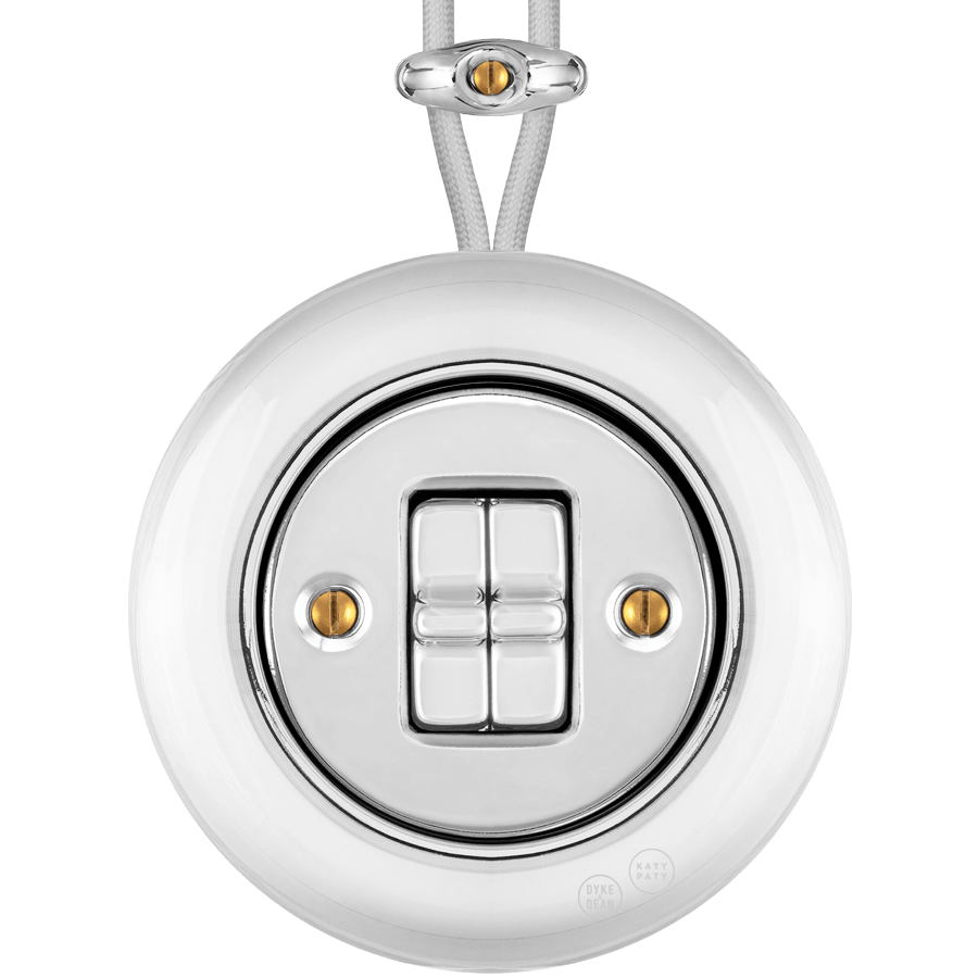 PORCELAIN KATY PATY COLONA ROUND SURFACE MOUNTED DOUBLE TOGGLE BUTTON SWITCH CHROME - DYKE & DEAN