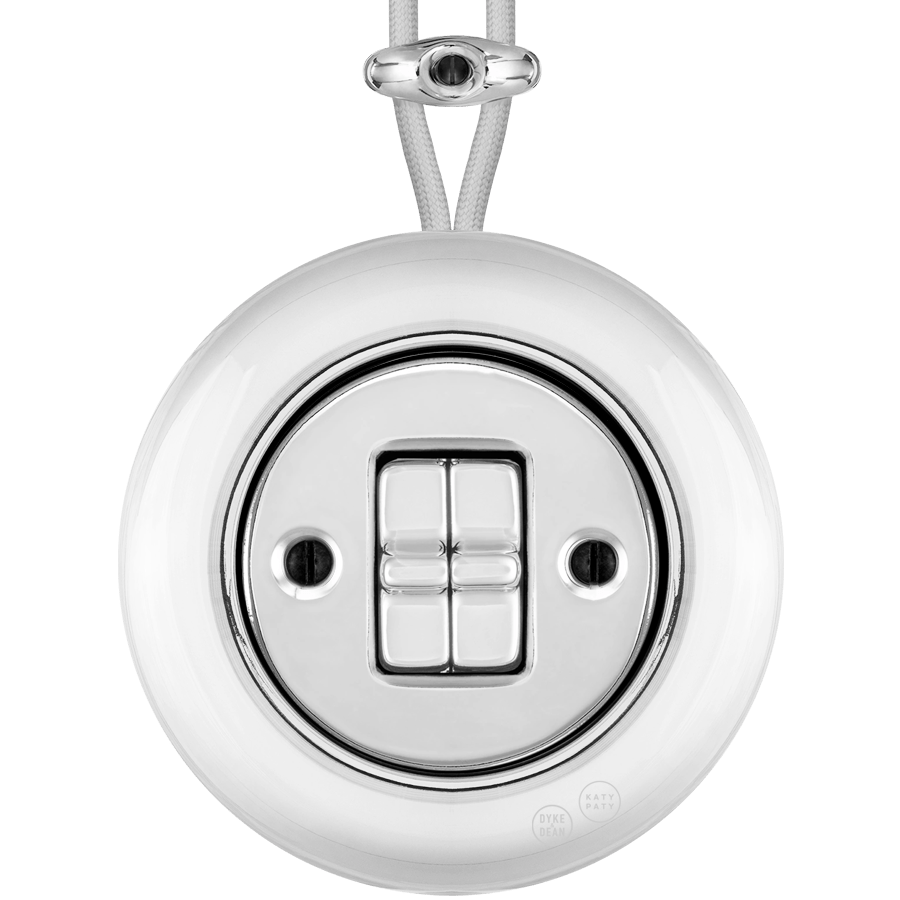 PORCELAIN KATY PATY COLONA ROUND SURFACE MOUNTED DOUBLE TOGGLE BUTTON SWITCH CHROME - DYKE & DEAN