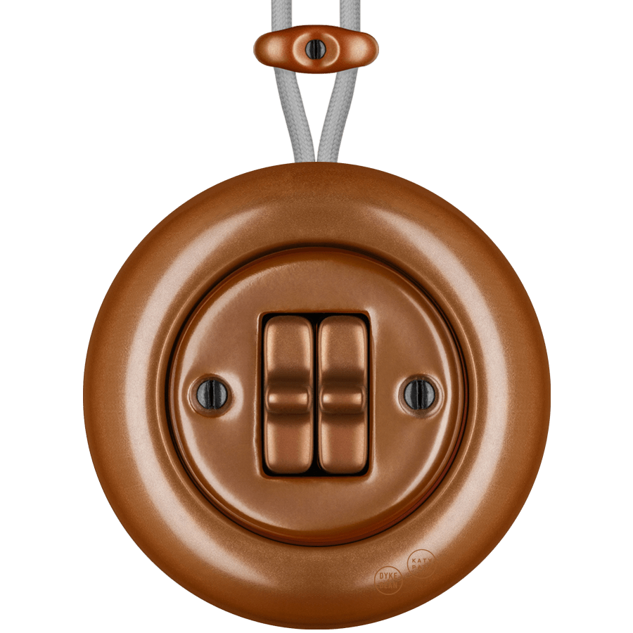 PORCELAIN KATY PATY COLONA ROUND SURFACE MOUNTED DOUBLE TOGGLE BUTTON SWITCH COPPER - DYKE & DEAN