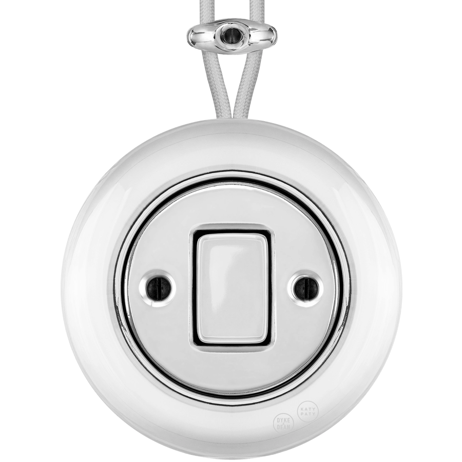 PORCELAIN KATY PATY COLONA ROUND SURFACE MOUNTED FAT BUTTON SWITCH CHROME - DYKE & DEAN