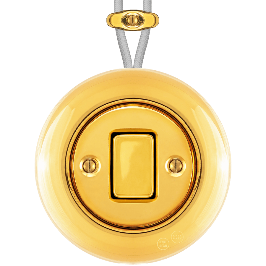 PORCELAIN KATY PATY COLONA ROUND SURFACE MOUNTED FAT BUTTON SWITCH GOLD - DYKE & DEAN