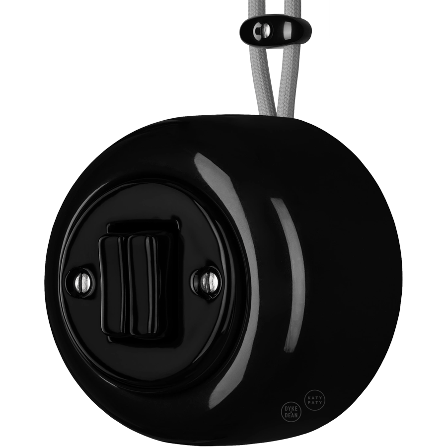PORCELAIN ROUND SURFACE MOUNTED DOUBLE SLIM BUTTON SWITCH BLACK - DYKE & DEAN