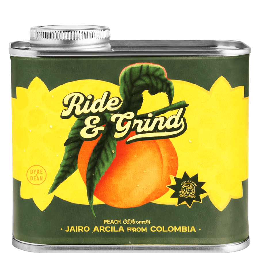 RIDE & GRIND PEACH COLOMBIA COFFEE BEANS TIN - DYKE & DEAN
