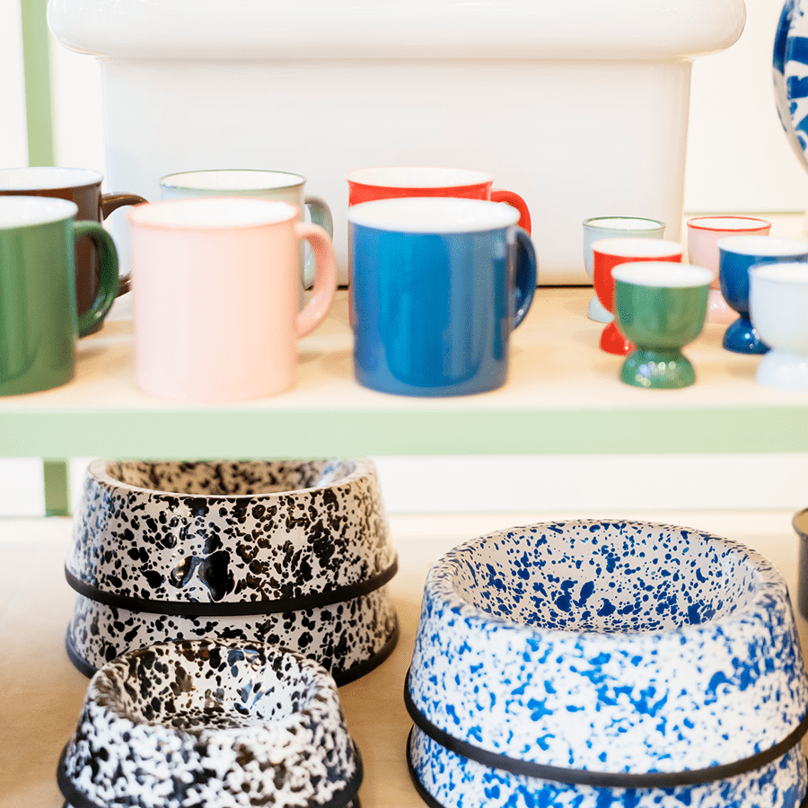 SPLATTERWARE SMALL ENAMEL DOG BOWL BLACK & WHITE - DYKE & DEAN