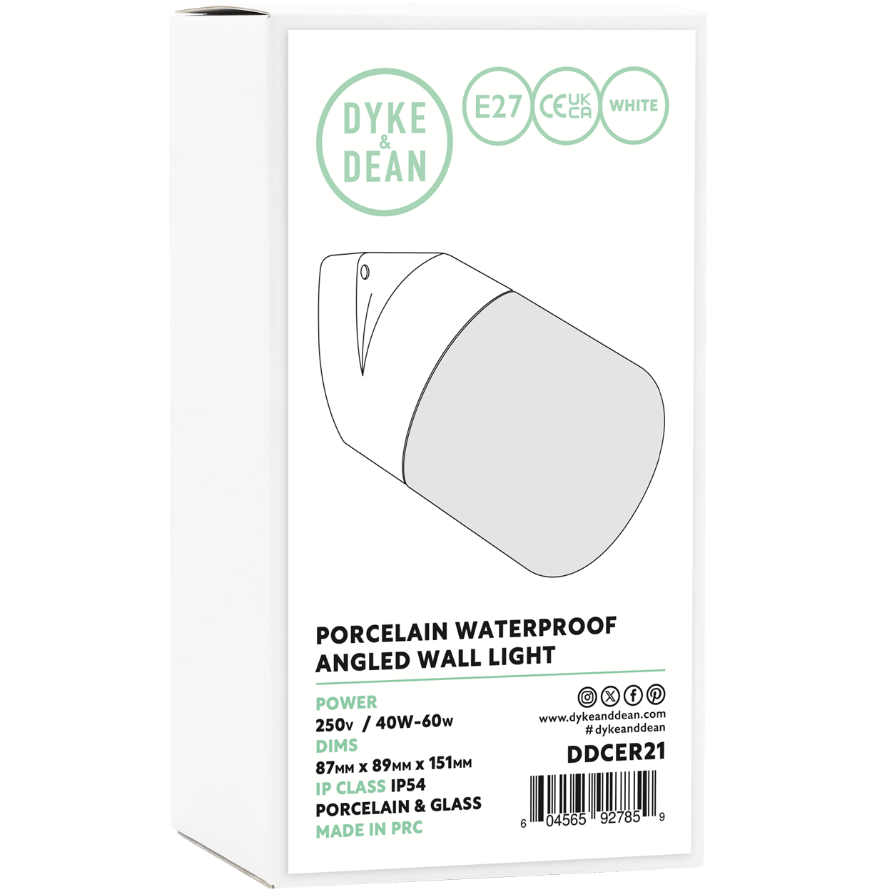 WHITE FROSTED PORCELAIN WATERPROOF ANGLED WALL LIGHT - DYKE & DEAN