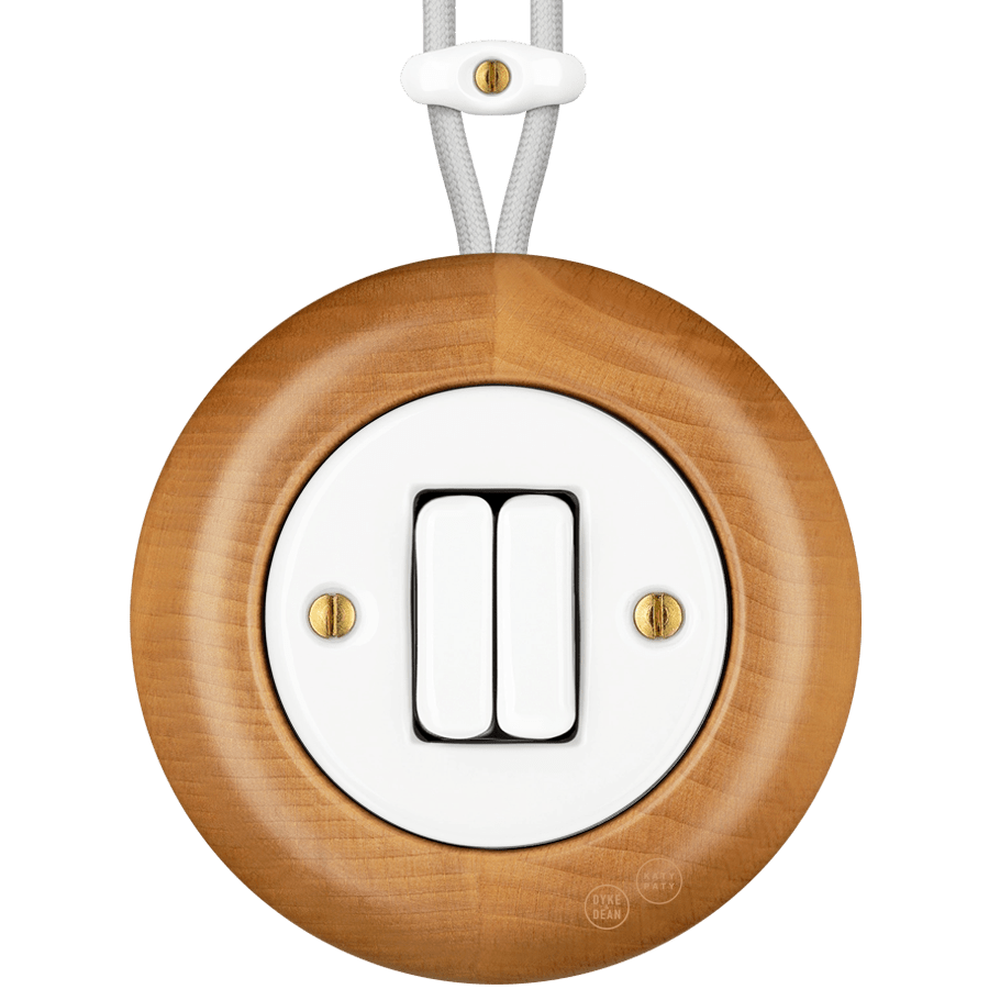 WOODEN PORCELAIN SURFACE MOUNTED FAGUS DOUBLE SLIM BUTTON SWITCH - DYKE & DEAN