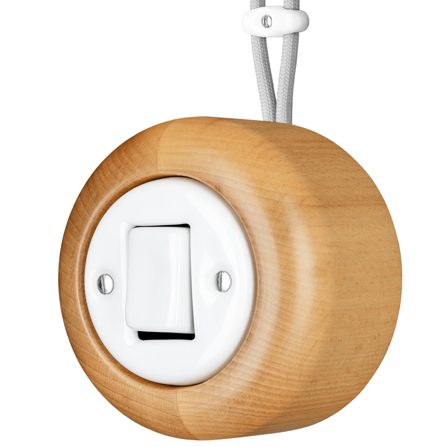 WOODEN PORCELAIN SURFACE MOUNTED FAGUS FAT BUTTON SWITCH - DYKE & DEAN