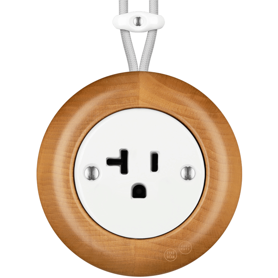 WOODEN PORCELAIN SURFACE MOUNTED FAGUS SOCKET USA 20AMP - DYKE & DEAN