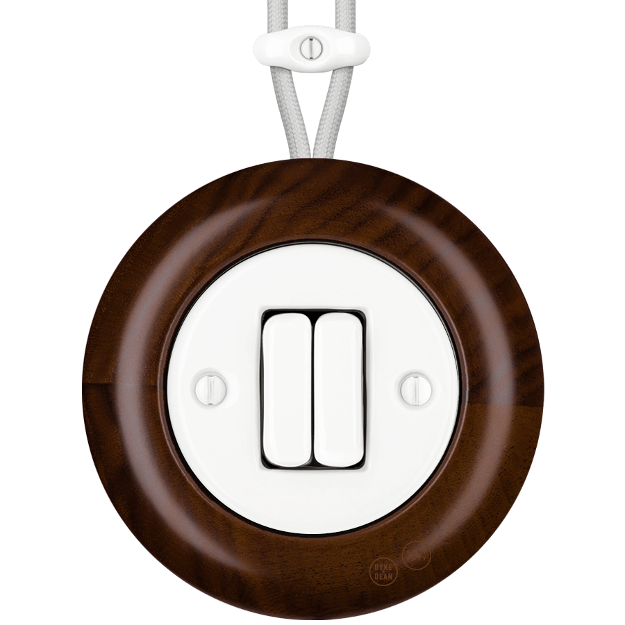WOODEN PORCELAIN SURFACE MOUNTED NUCLEUS DOUBLE SLIM BUTTON SWITCH - DYKE & DEAN