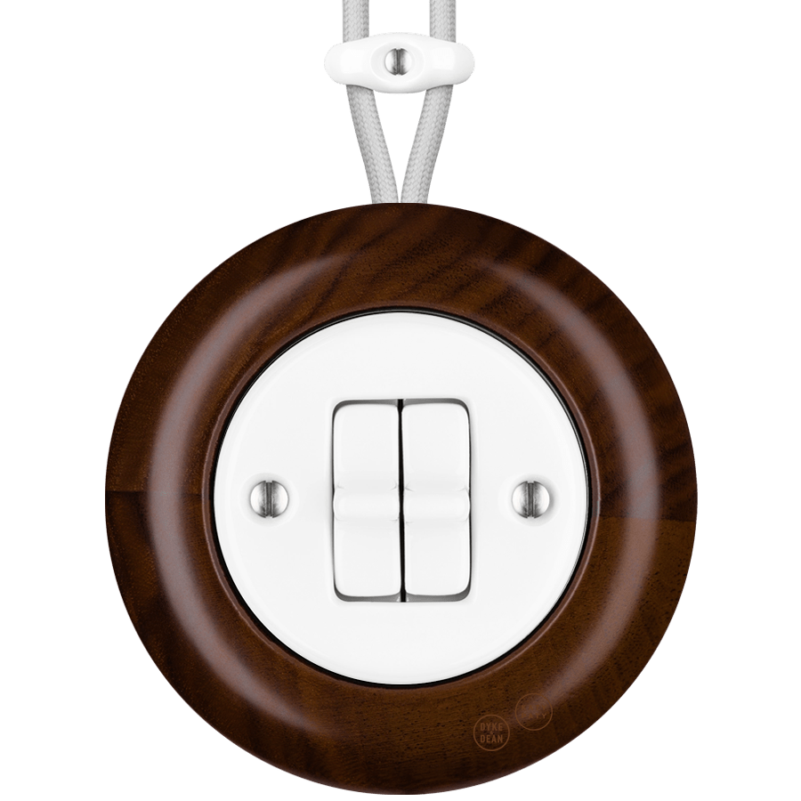 WOODEN PORCELAIN SURFACE MOUNTED NUCLEUS DOUBLE TOGGLE SWITCH - DYKE & DEAN