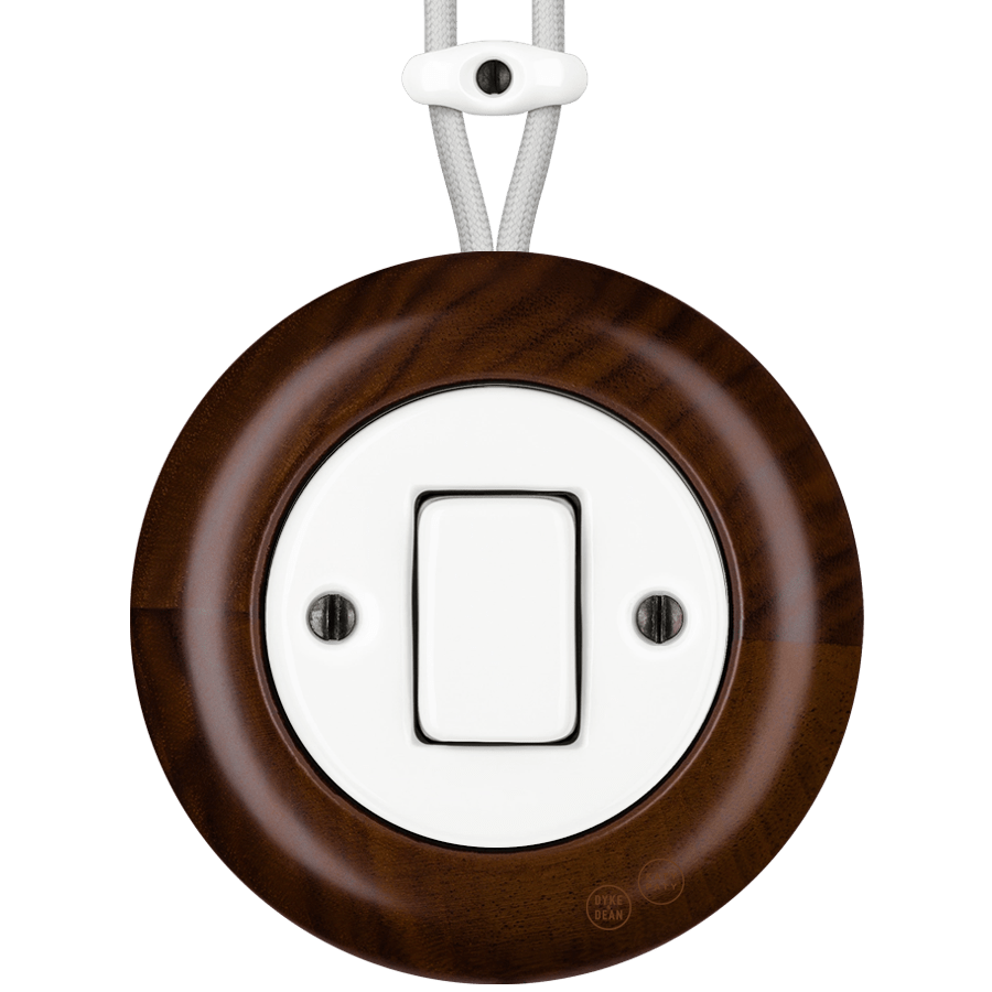 WOODEN PORCELAIN SURFACE MOUNTED NUCLEUS FAT BUTTON SWITCH - DYKE & DEAN