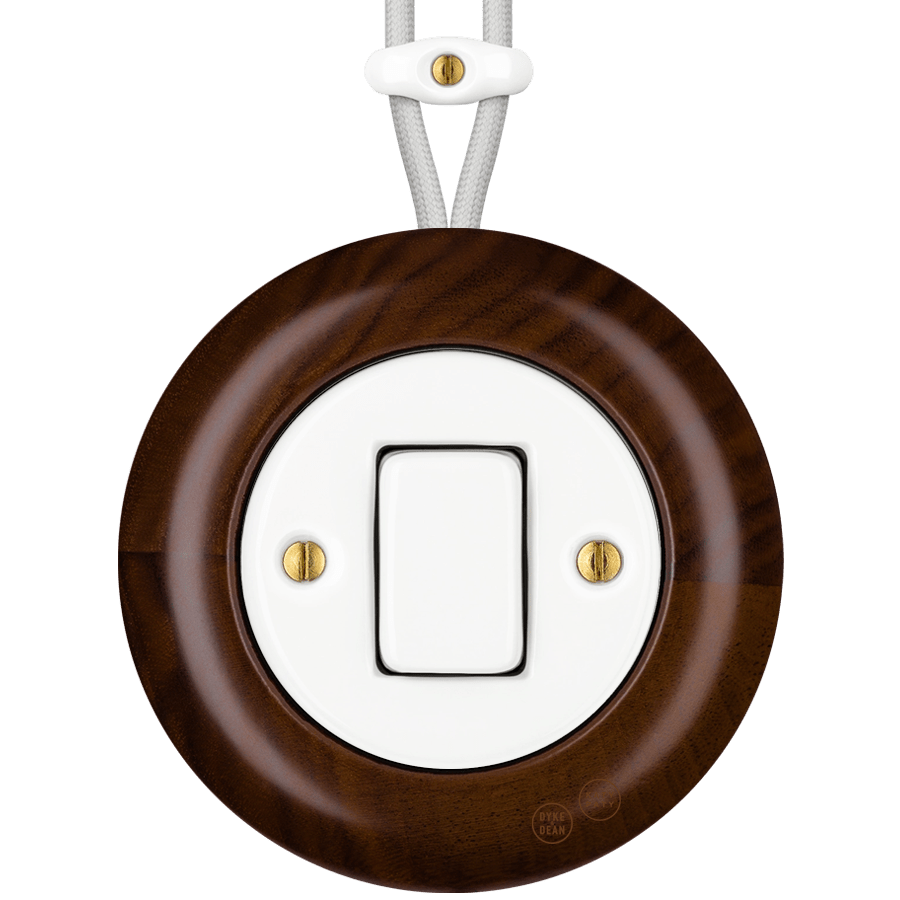 WOODEN PORCELAIN SURFACE MOUNTED NUCLEUS FAT BUTTON SWITCH - DYKE & DEAN
