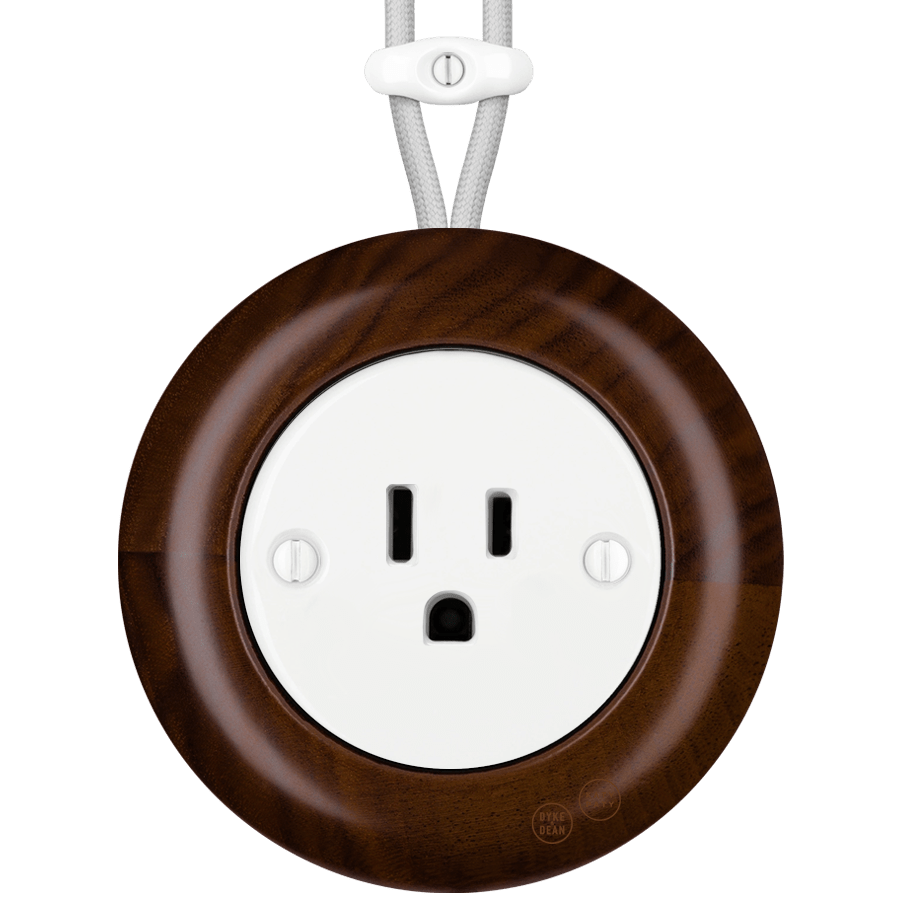 WOODEN PORCELAIN SURFACE MOUNTED NUCLEUS SOCKET USA 15AMP - DYKE & DEAN