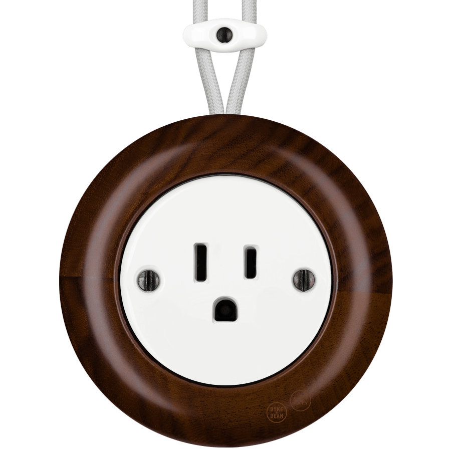 WOODEN PORCELAIN SURFACE MOUNTED NUCLEUS SOCKET USA 15AMP - DYKE & DEAN