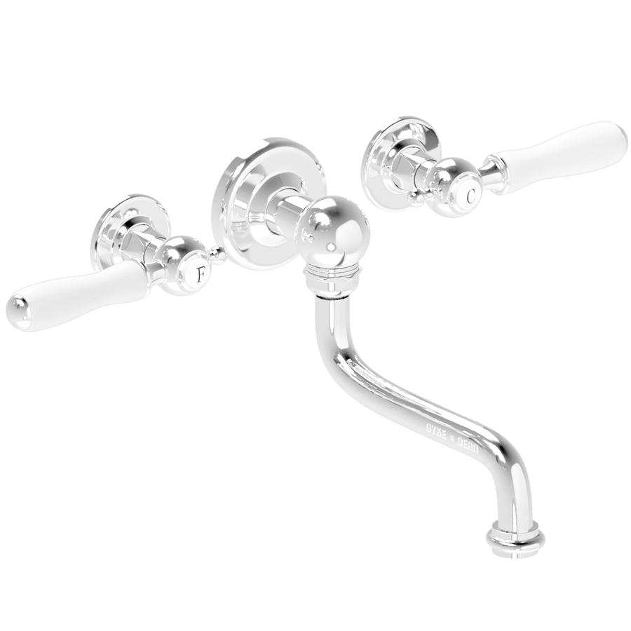 BASIN DROP ARM PORCELAIN WHITE LEVER HANDLE TAPS - DYKE & DEAN