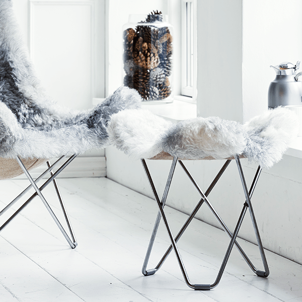 CUERO FLYING GOOSE STOOL GREY SHEEPSKIN - DYKE & DEAN