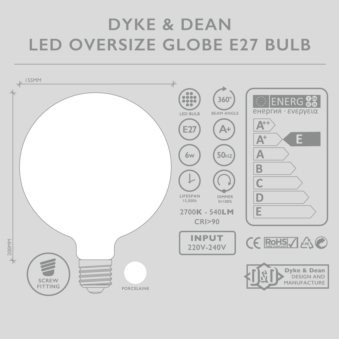 GLOBE OVERSIZE LED PORCELAIN E27 BULB - DYKE & DEAN