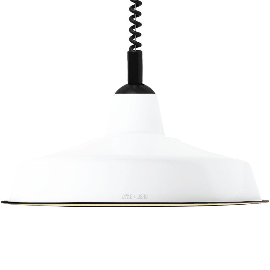 LARGE WHITE ENAMEL RETRACTABLE CORD LIGHT - DYKE & DEAN