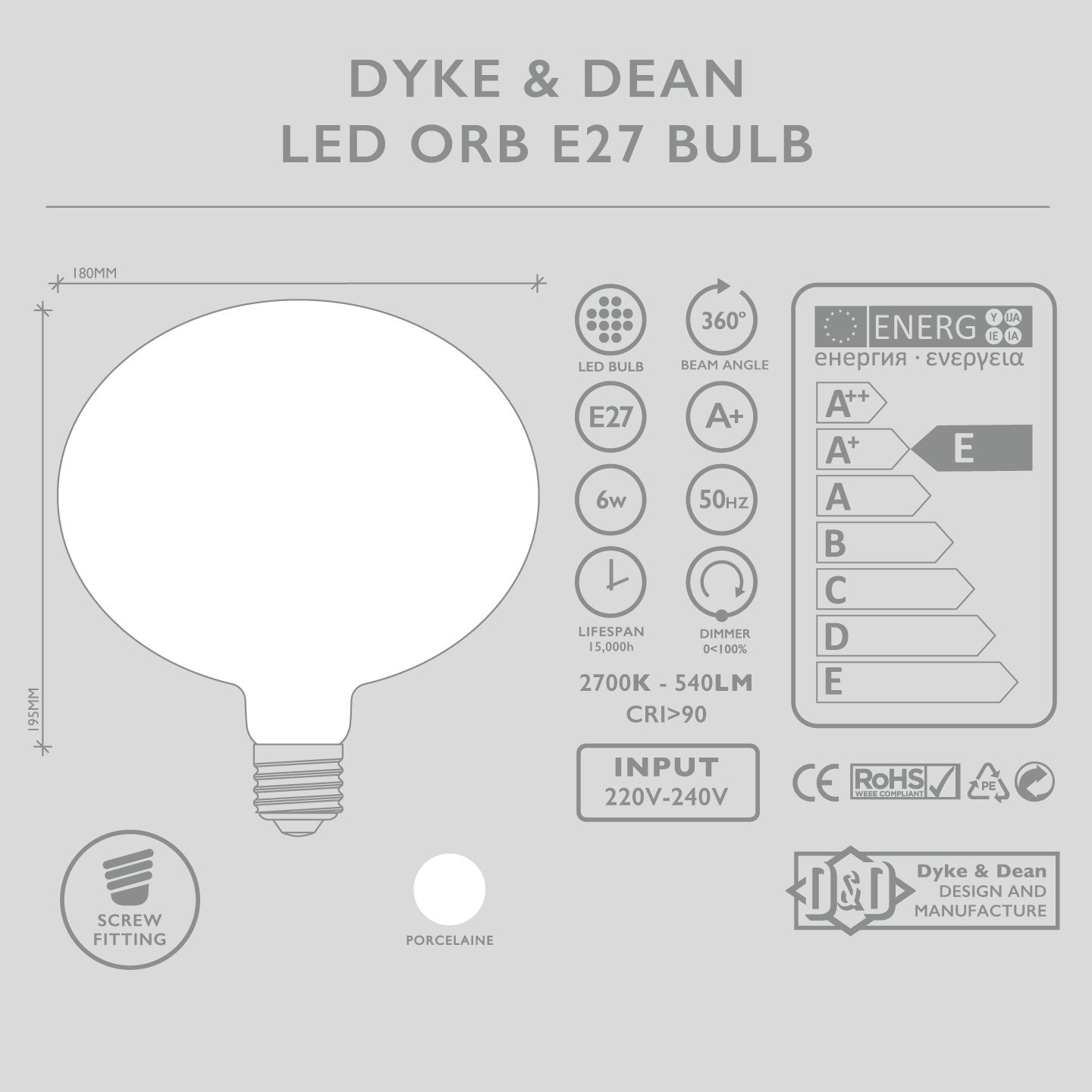 ORB LED PORCELAIN E27 BULB - DYKE & DEAN