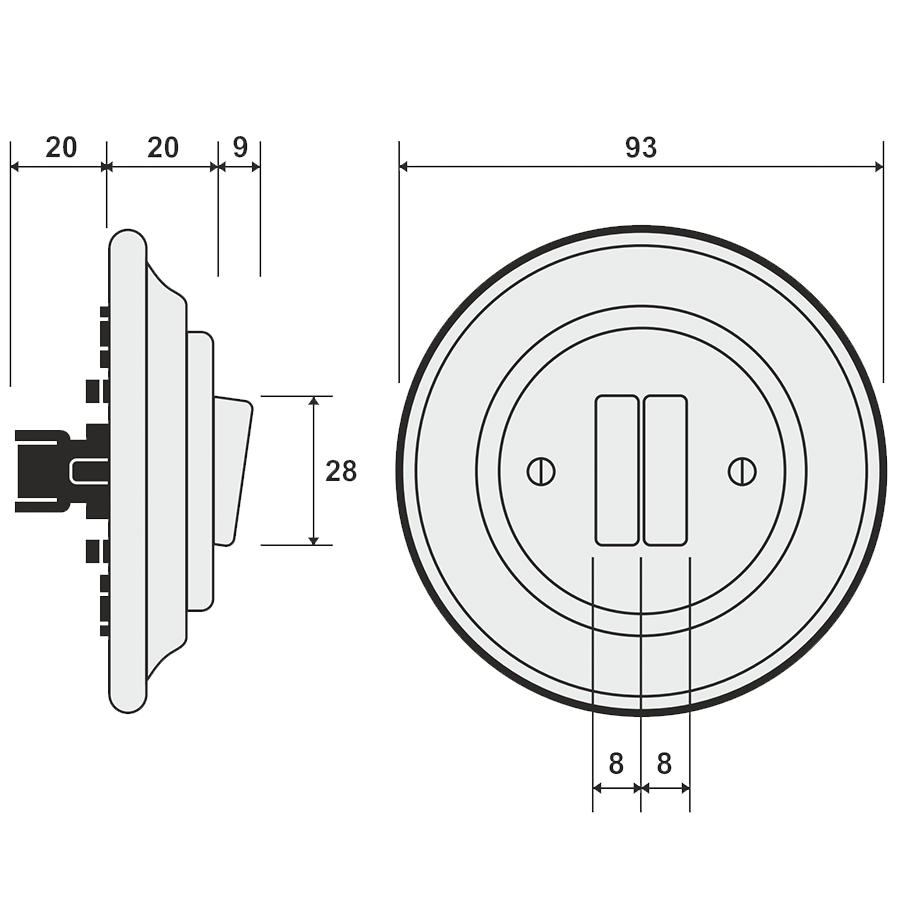 PORCELAIN WALL LIGHT SWITCH WHITE DOUBLE - DYKE & DEAN