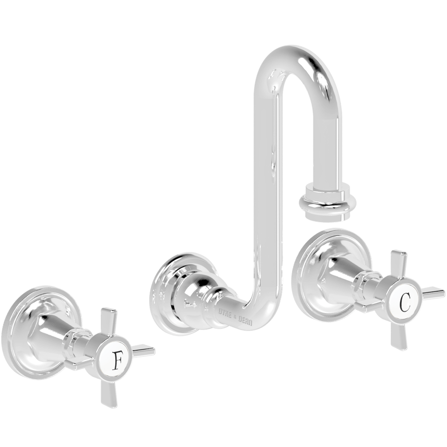 WALL MOUNTED SWAN SPOUT CROSS HANDLE TAPS - DYKE & DEAN