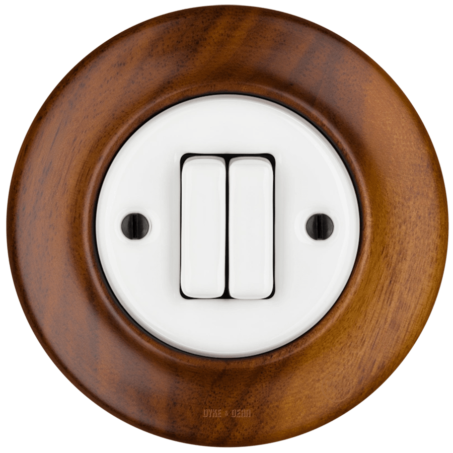 WOODEN PORCELAIN WALL LIGHT SWITCH NUC MAG DOUBLE - DYKE & DEAN