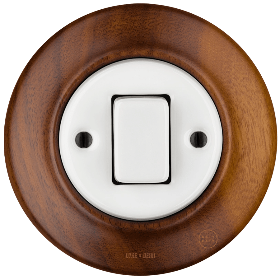 WOODEN PORCELAIN WALL LIGHT SWITCH NUC MAG FAT BUTTON - DYKE & DEAN