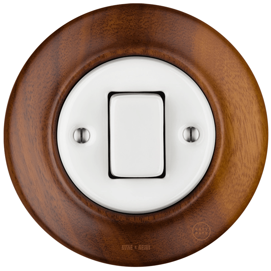 WOODEN PORCELAIN WALL LIGHT SWITCH NUC MAG FAT BUTTON - DYKE & DEAN